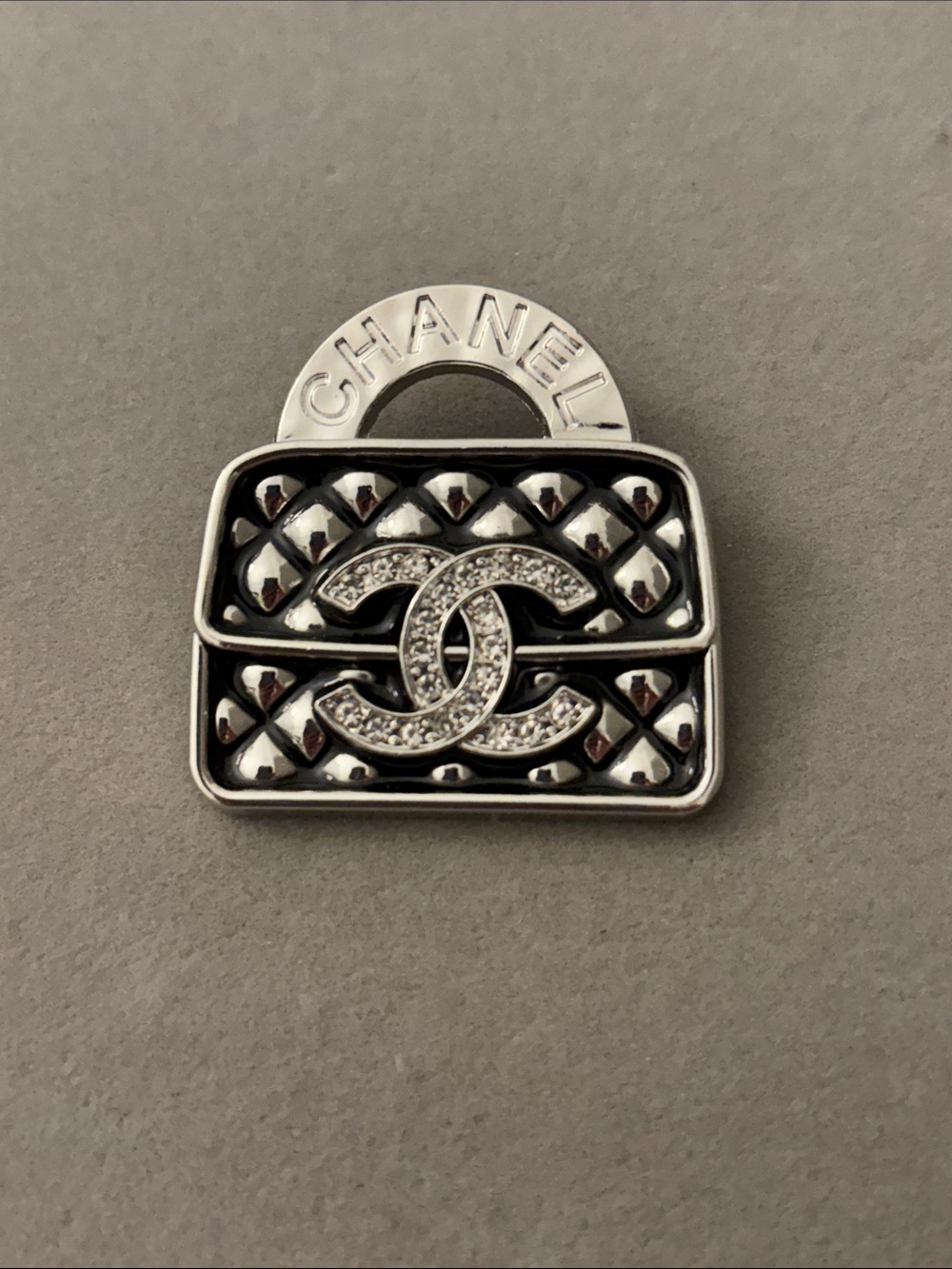 Silver Quilted CC Logo Brooch Pin